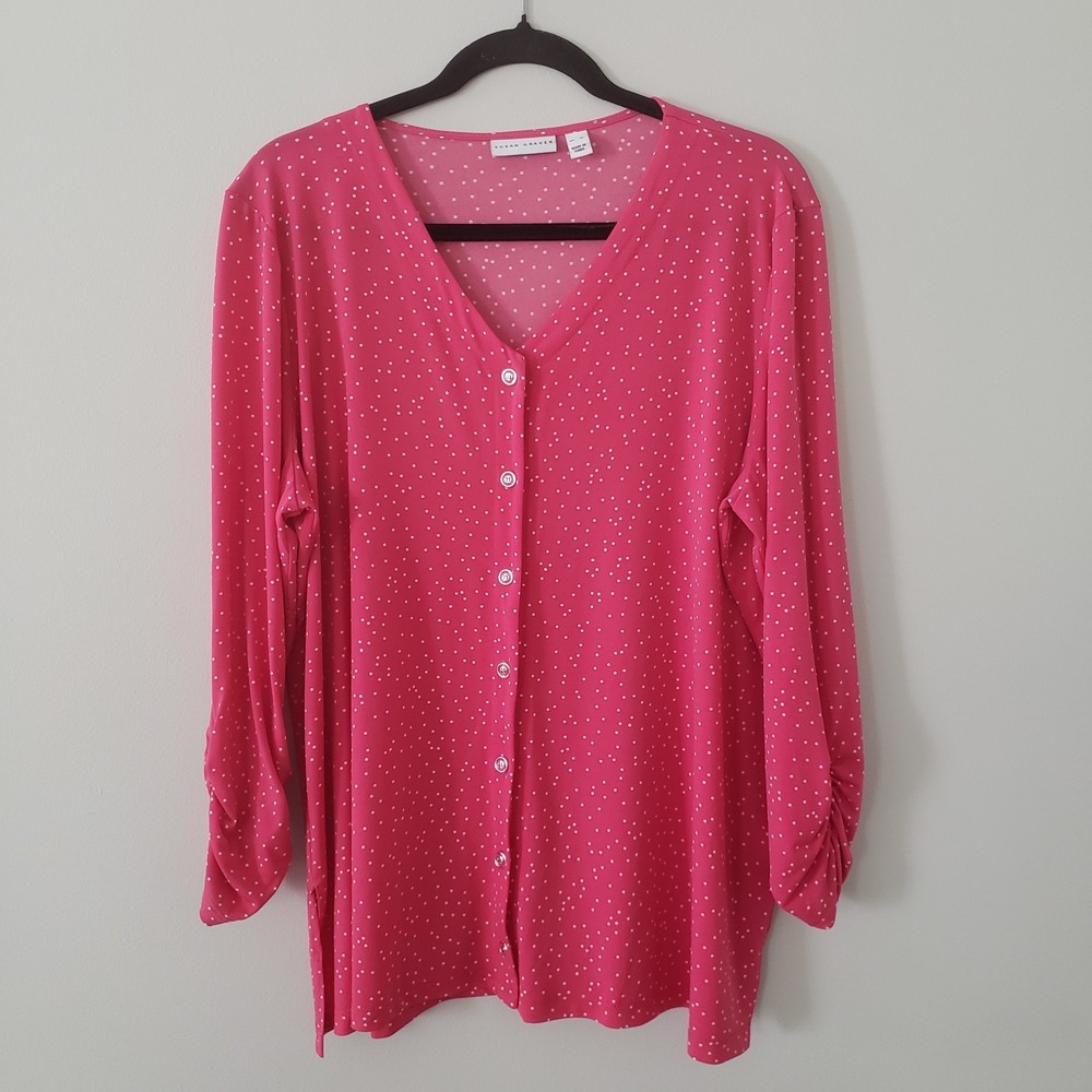 Susan Graver Liquid Knit Button Up Top XL Polka Dot V-Neck 3/4 Sleeves Stretchy